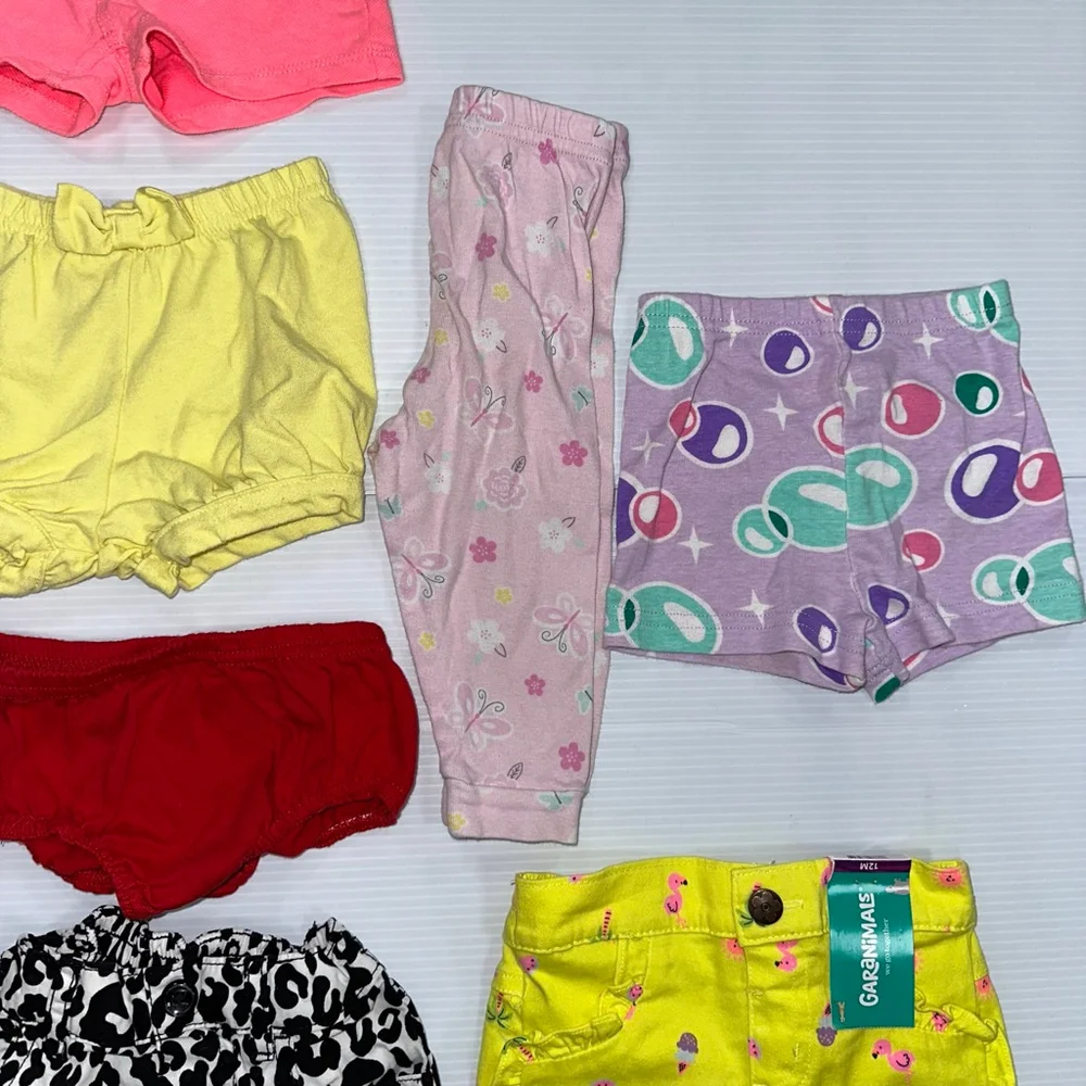 Lot of 9 baby girl bottoms bundle shorts pant bloomer size 12 months